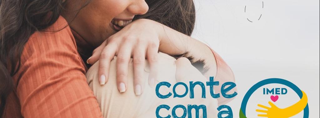 Imagem de duas mulheres se abraçando e se acolhendo acompanhada de logomarca do projeto Conte com a Gente